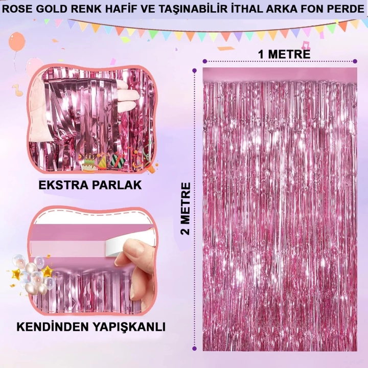BFS Rose Gold Renk Ekstra Metalize Parlak Saçaklı Arka Fon Perde İthal  1x2 Metre