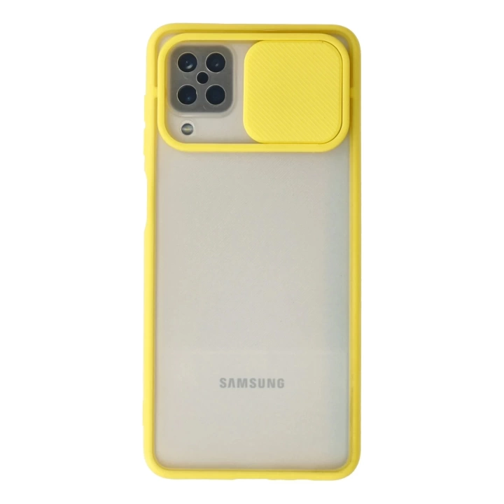 BFS  Samsung Galaxy A12 Kılıf Palm Buzlu Kamera Sürgülü Silikon - Sarı