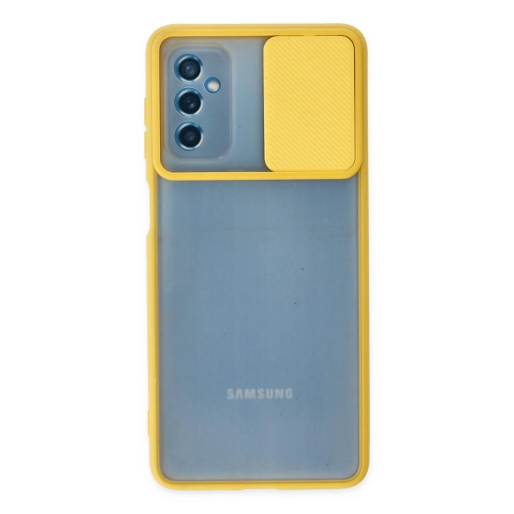 BFS  Samsung Galaxy M52 5G Kılıf Palm Buzlu Kamera Sürgülü Silikon - Sarı