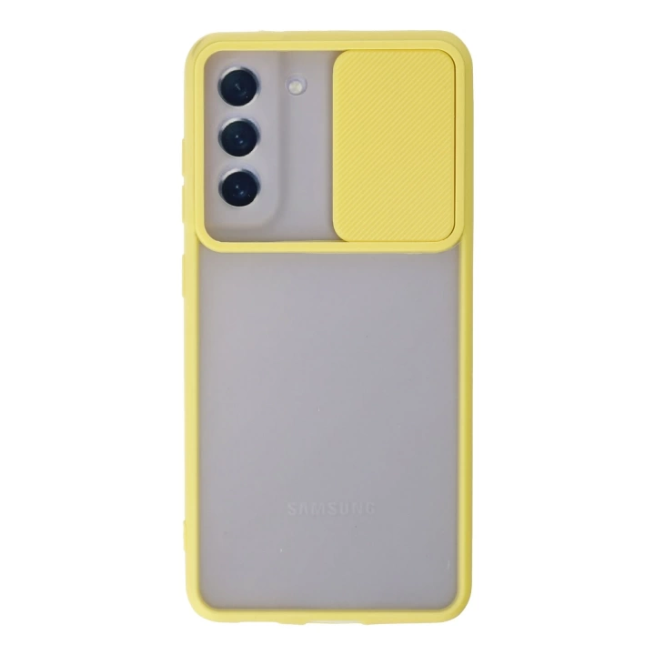 BFS  Samsung Galaxy S21 FE Kılıf Palm Buzlu Kamera Sürgülü Silikon - Sarı