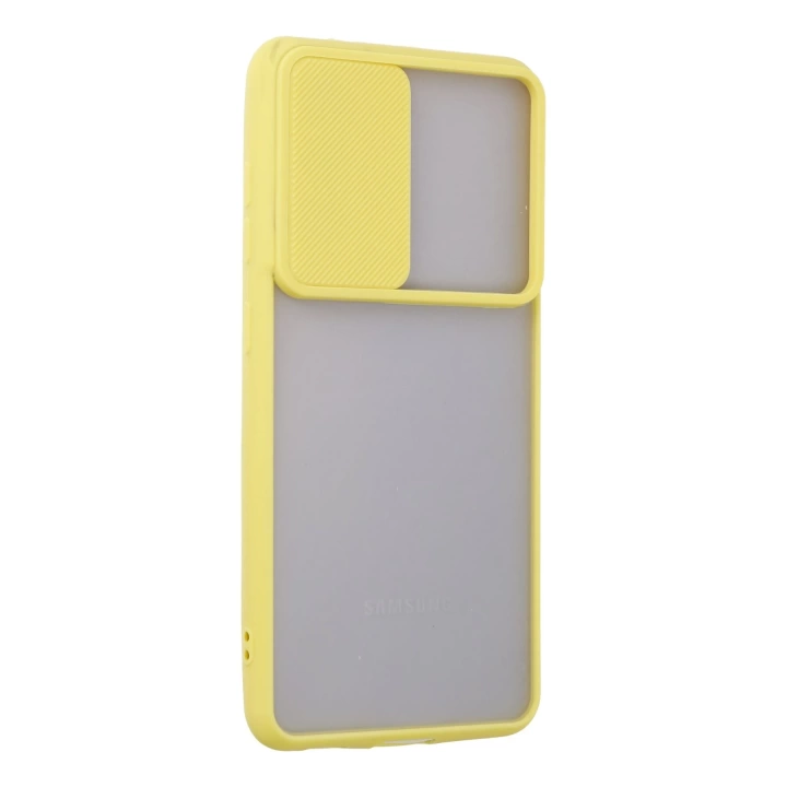 BFS  Samsung Galaxy S21 FE Kılıf Palm Buzlu Kamera Sürgülü Silikon - Sarı