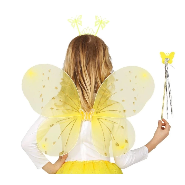 BFS  Sarı Kelebek Erkek-Kız Seti – 50 cm Kelebek Kanadı, Taç ve Asa