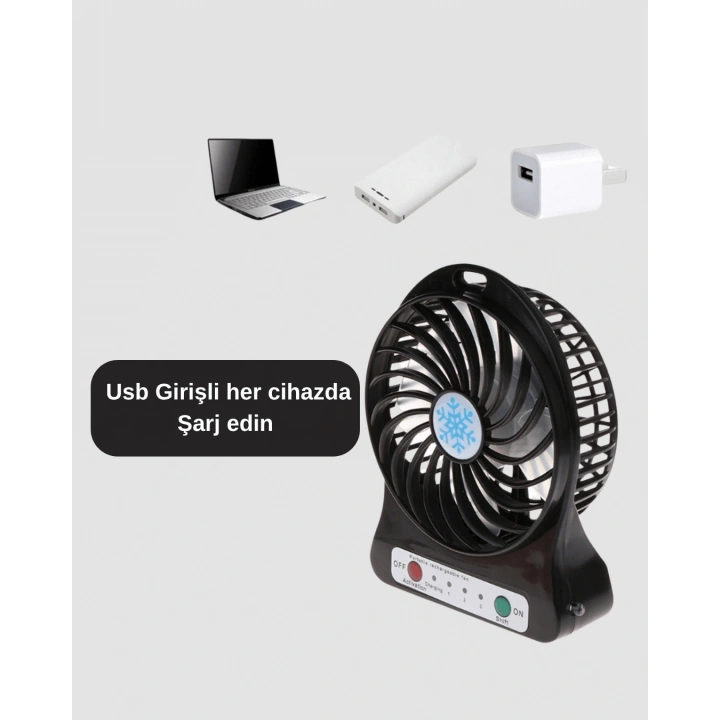 BFS Şarjlı USB Fan – Masaüstü Mini Vantilatör, Taşınabilir, Işıklı, 3 Kademeli, Sessiz