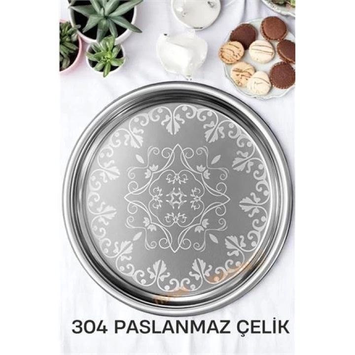 BFS Servis Tepsisi - Çelik Çay Tepsisi  Şık Desenli Tepsi 41 CM
