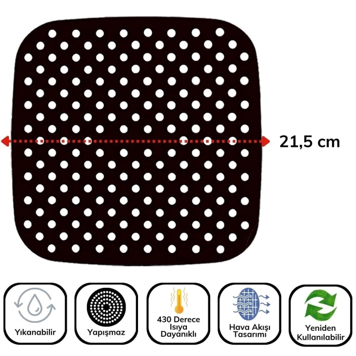 BFS   Siyah Isıya Dayanıklı Yıkanılabilir Silikon Fırın Ve Airfryer Kare Model Pişirme Matı 21,5 Cm