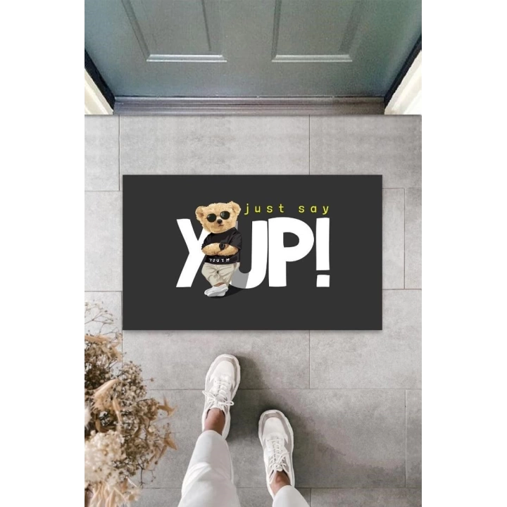 BFS Siyah Kapı Önü Paspası Just Say Yup Ayıcık Desen  K-3340