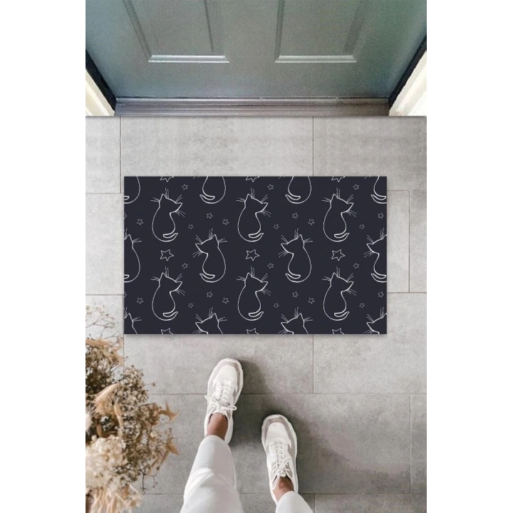 BFS Siyah Kapı Önü Paspası Yıldızlı Kediler Desen  K-3307