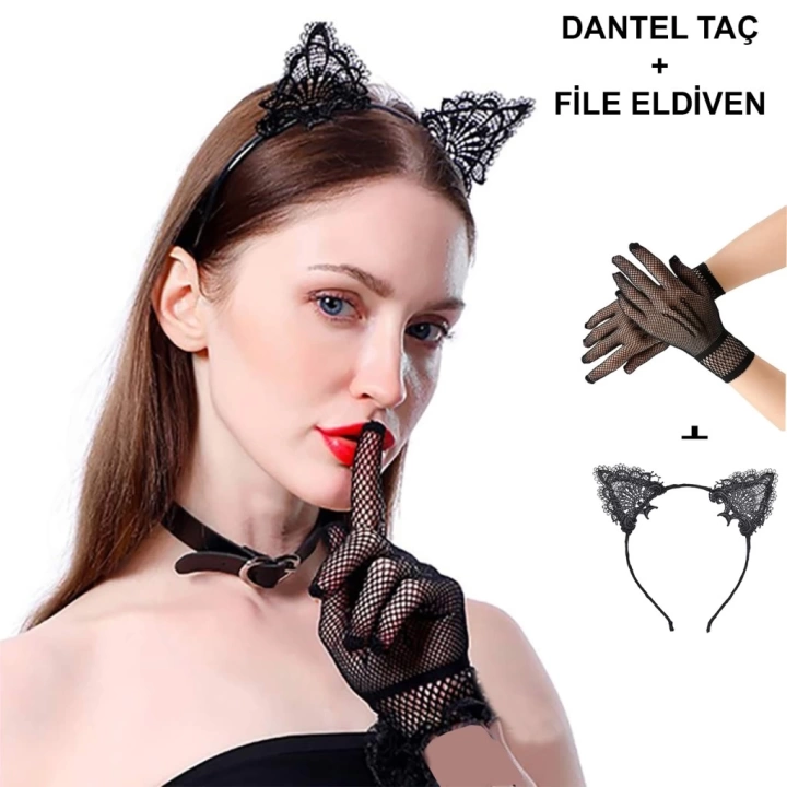 BFS  Siyah Kedi Dantel Taç + Eldiven Seti – Parti, Dans ve Kostüm Kombini