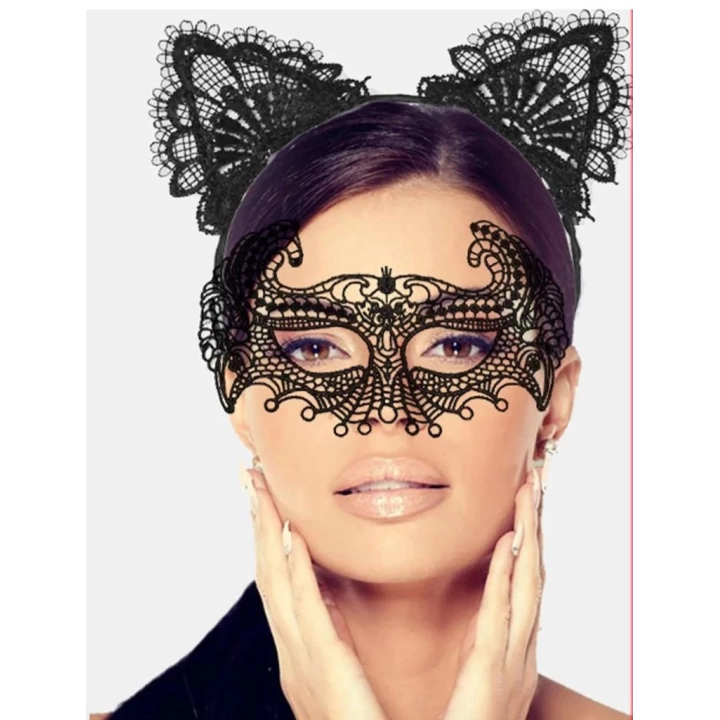 BFS   Siyah Renk Dantel Maske ve Dantel Kulak Taç Seti Yetişkin No 4