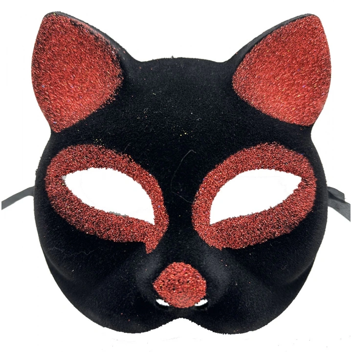 BFS   Siyah Renk Kırmızı Simli Süet Kaplama Kedi Maskesi 18x14 cm