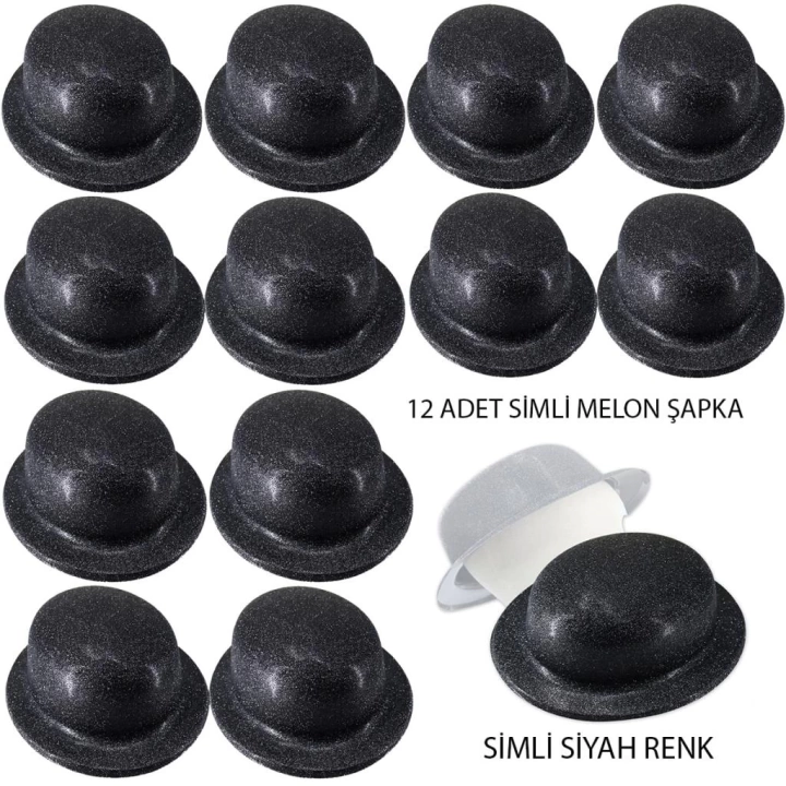BFS     Siyah Renk Simli Melon Yuvarlak Parti Şapkası 12 Adet