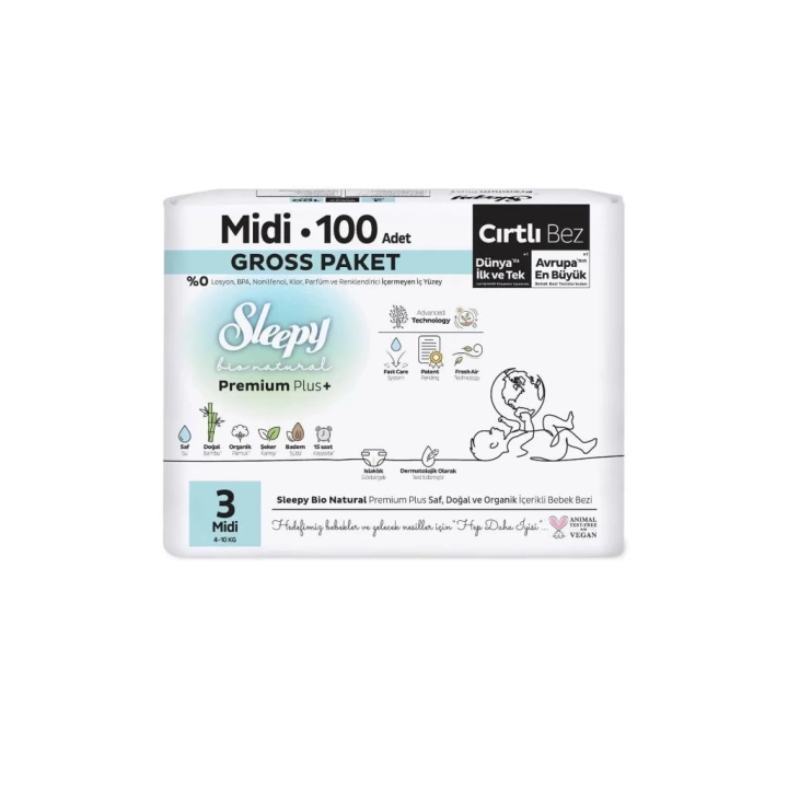 BFS   Sleepy Bio Natural Bebek Bezi Gross Paket 3 Beden 4-9 Kg 100 Adet