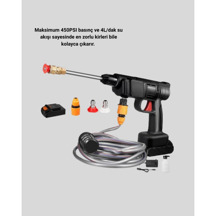 BFS Taşınabilir Basınçlı Yıkama Makinesi – 5m Hortumlu, Köpük Şişeli, 48V Güçlü