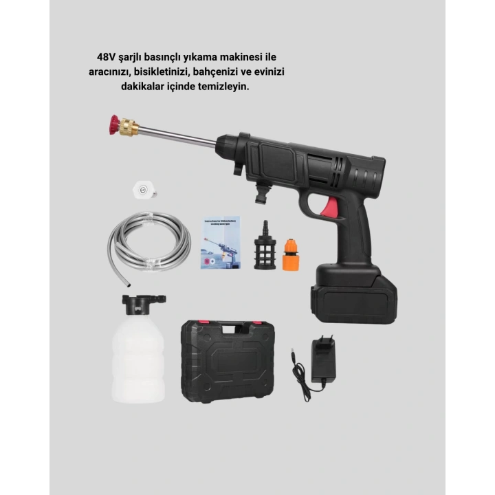 BFS Taşınabilir Basınçlı Yıkama Makinesi – 5m Hortumlu, Köpük Şişeli, 48V Güçlü