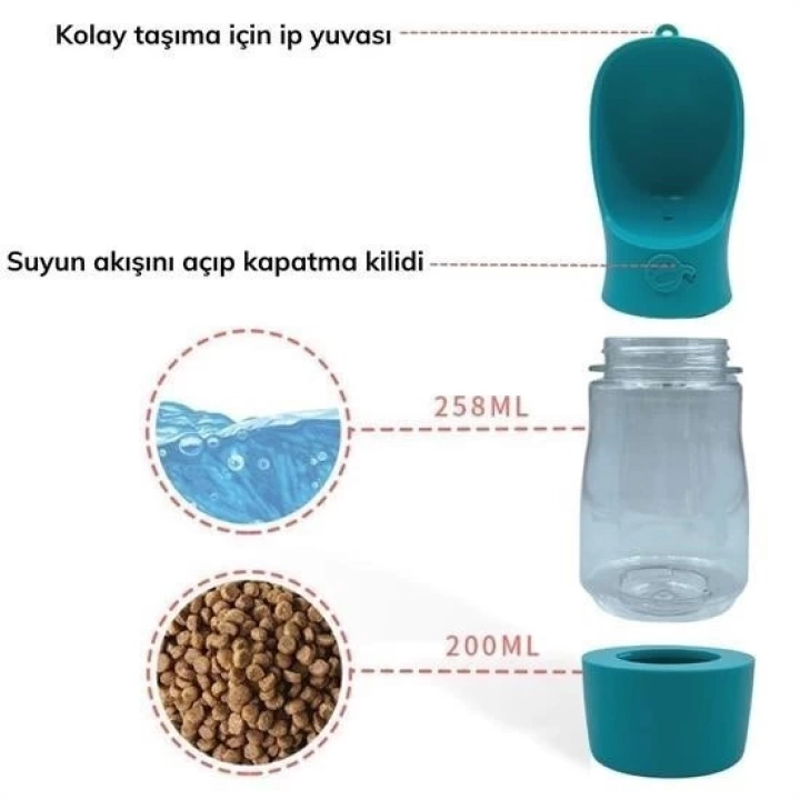 BFS  Taşınabilir Mama Hazneli Evcil Hayvan Suluğu Seyahat Kabı Kilitlenebilen Su Sızdırmaz 380ML
