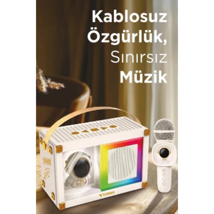 BFS Taşınabilir Rgb Işılı Sevimli Figürlü Mikrofonlu Karaoke Bluetooth Hoparlör Krem