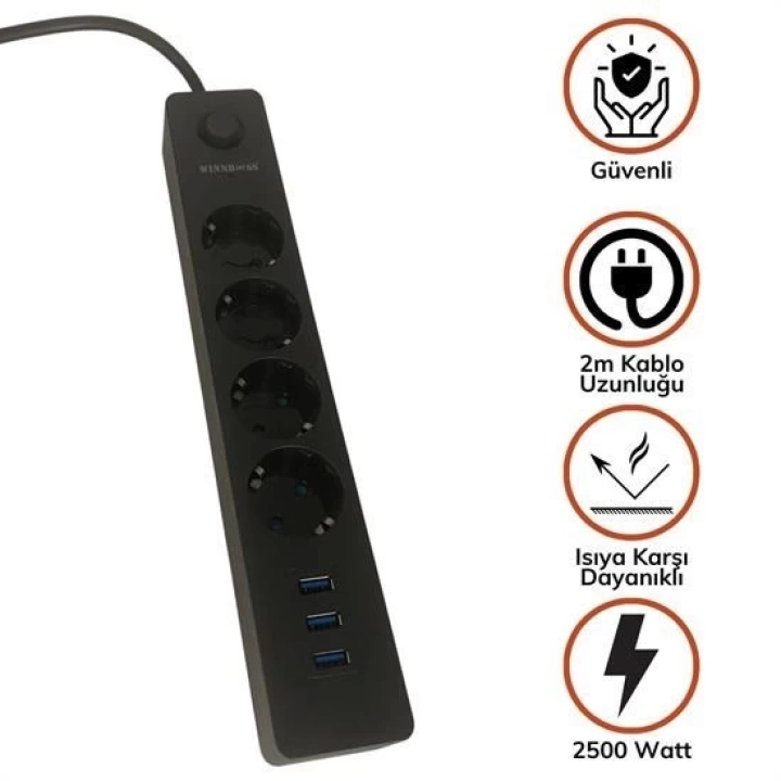 BFS  Termak Akım Korumalı 4 Priz 3 USB Girişli Uzatma Kablosu Güç&Şarj