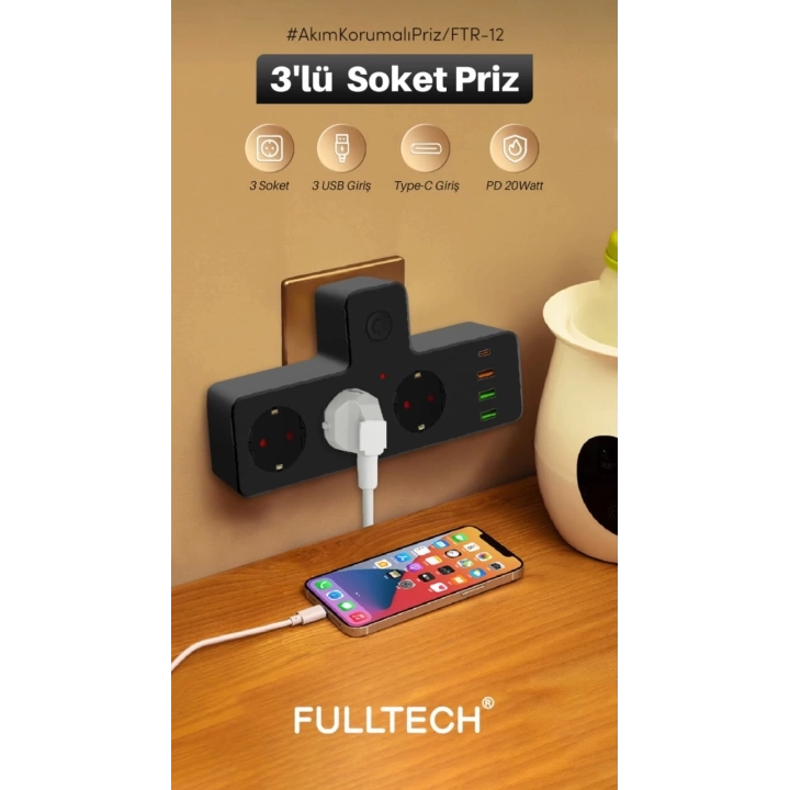 BFS Termal Akım Korumalı Isıya Dayanıklı 3’lü Priz 3x Usb 1x Type-c