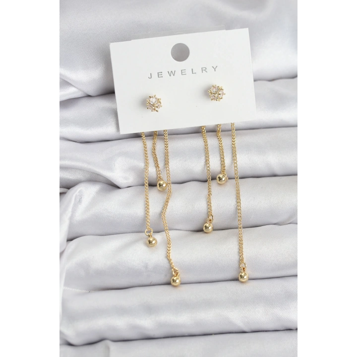 BFS Topçuk Model Gold Renk Pirinç Sallantılı Kadın Küpe Seti
