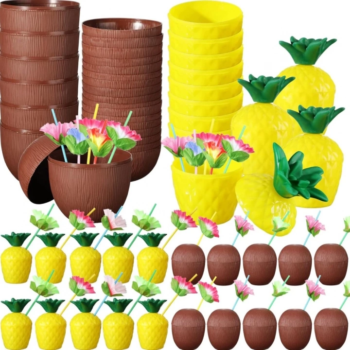 BFS Tropikal Parti Bardak Seti – Ananas ve Hindistan Cevizi Şekilli Pipetli Bardaklar (20 Adet)