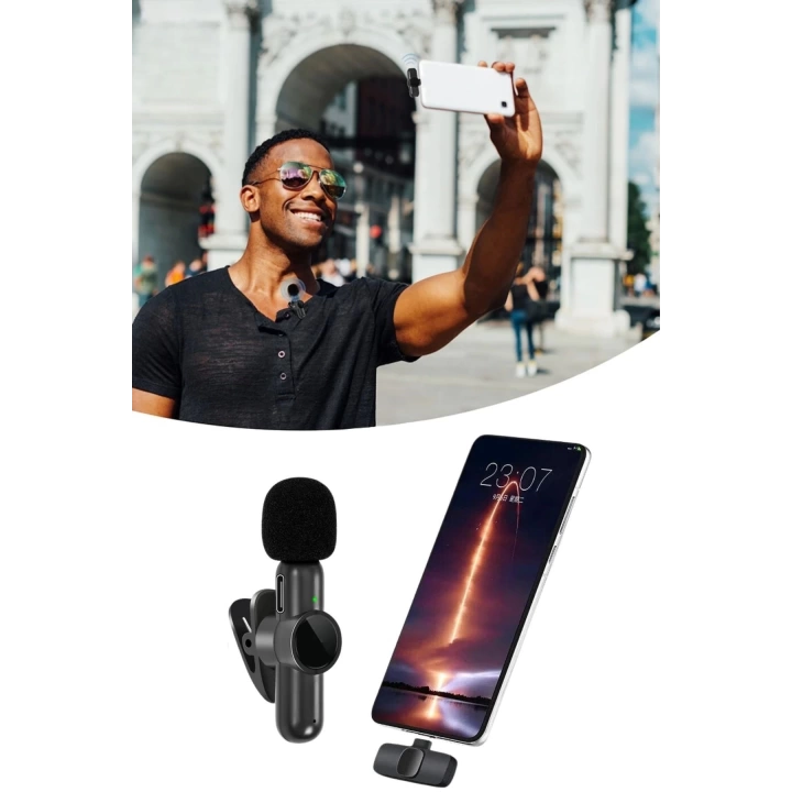 BFS  Type C Uyumlu İphone Dönüştürücülü Kablosuz Yaka Mikrofonu Android ve İphone Uyumlu Mini Mikrofon
