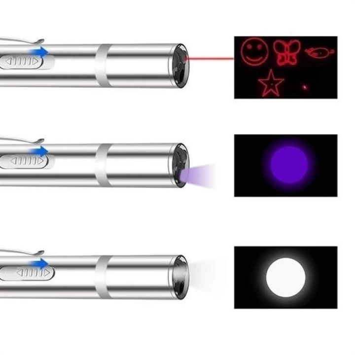 BFS  Usb İle Şarj Edilebilen 3In 1 Kırmızı Işık +Beyaz Led Meşale Işık + Uv El Feneri Kedi Lazeri