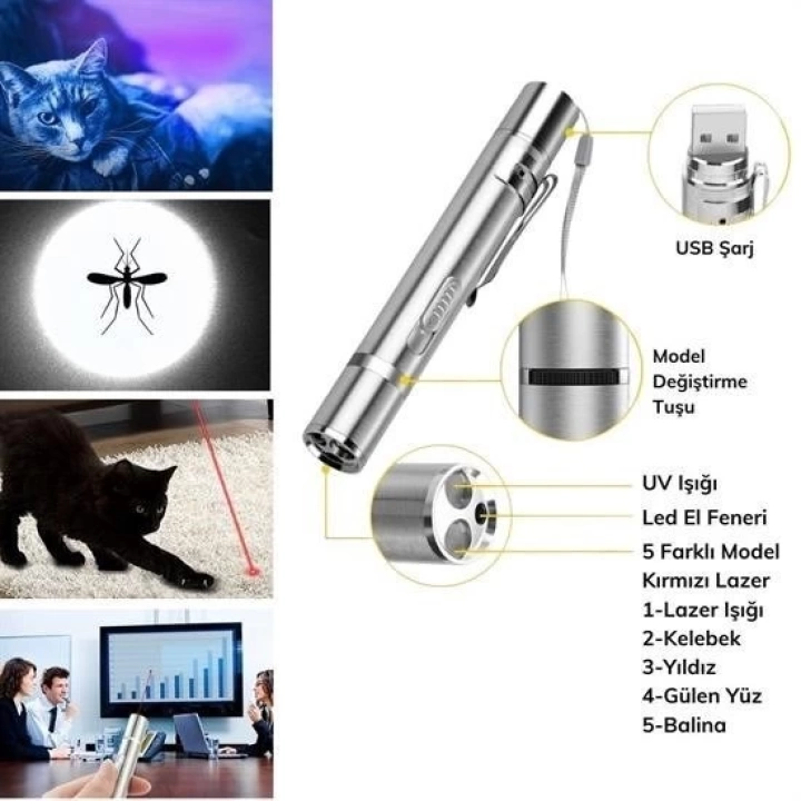 BFS  Usb İle Şarj Edilebilen 3In 1 Kırmızı Işık +Beyaz Led Meşale Işık + Uv El Feneri Kedi Lazeri