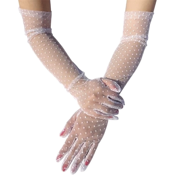 BFS   Uzun Boy Beyaz Puantiyeli Beyaz Renk Yetişkin Tül Eldiven 55 cm