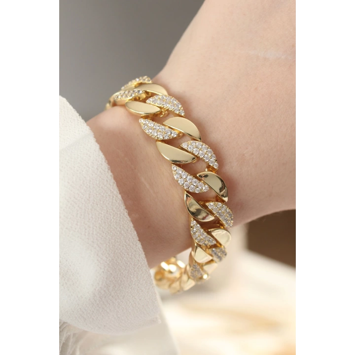 BFS Vip Seri Pirinç Zirkon Taşlı Gold Renk Gurmet Bileklik