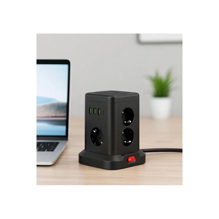 BFS Wp-707 3 Usb-a + 1 Type-c Çıkışlı Kule Tipi Akım Korumalı Çoklu Priz – Tek Tuş Kontrol Masaüstü
