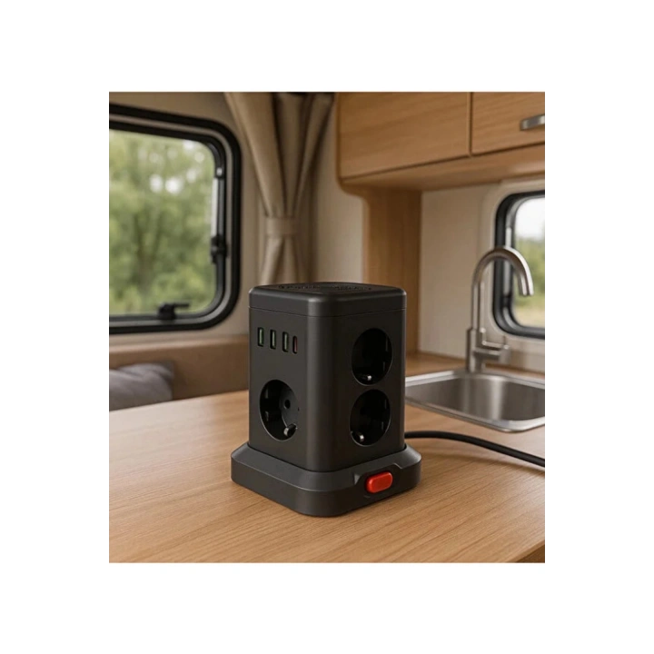 BFS Wp-707 3 Usb-a + 1 Type-c Çıkışlı Kule Tipi Akım Korumalı Çoklu Priz – Tek Tuş Kontrol Masaüstü