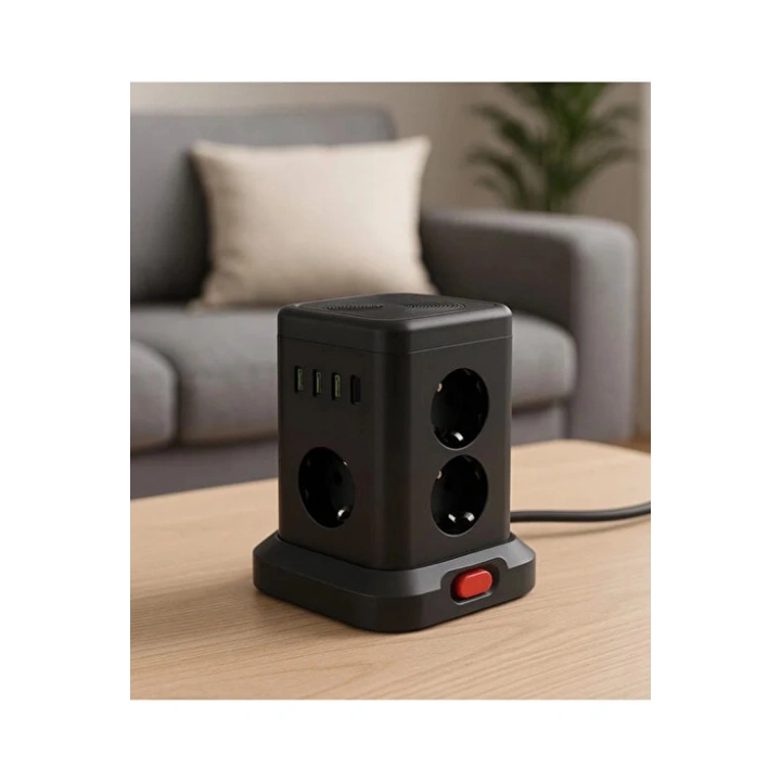 BFS Wp-707 3 Usb-a + 1 Type-c Çıkışlı Kule Tipi Akım Korumalı Çoklu Priz – Tek Tuş Kontrol Masaüstü