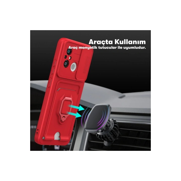 BFS  Xiaomi Redmi 12C Kılıf Zuma Kartvizitli Yüzüklü Silikon - Kırmızı