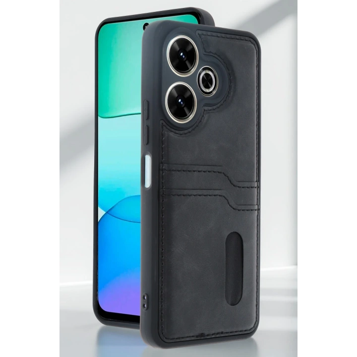 BFS  Xiaomi Redmi 13 4G Kılıf Sara Kartvizitli Deri Kılıf - Siyah