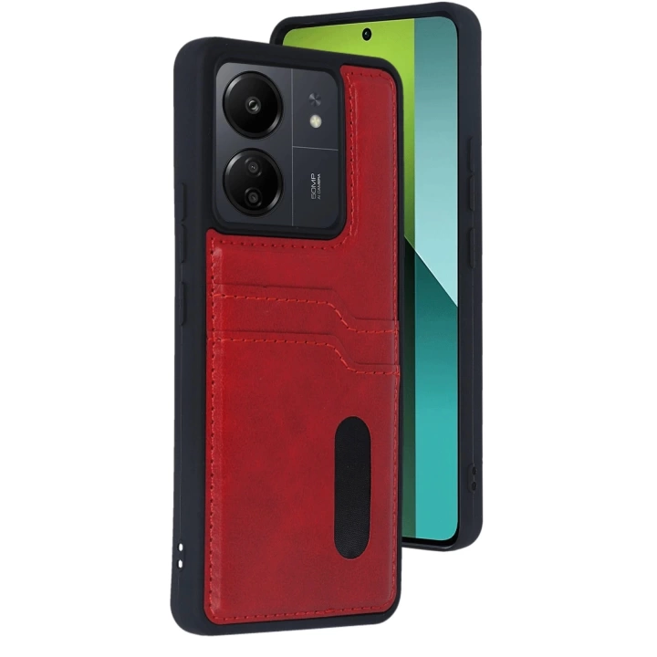 BFS  Xiaomi Redmi 13C Kılıf Sara Kartvizitli Deri Kılıf - Kırmızı