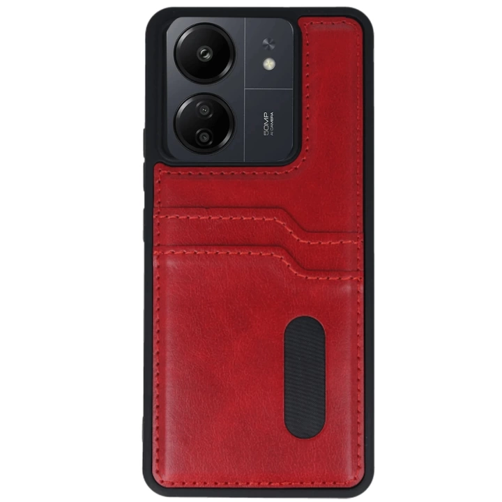 BFS  Xiaomi Redmi 13C Kılıf Sara Kartvizitli Deri Kılıf - Kırmızı