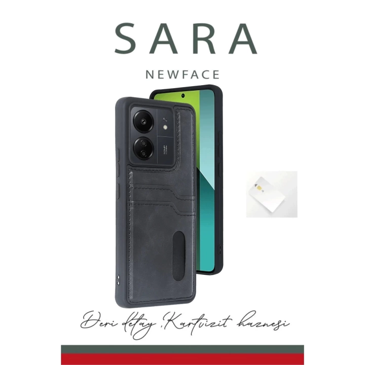 BFS  Xiaomi Redmi 13C Kılıf Sara Kartvizitli Deri Kılıf - Kırmızı