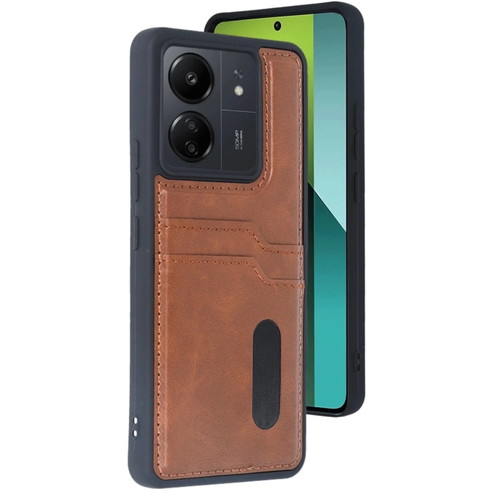 BFS  Xiaomi Redmi 13C Kılıf Sara Kartvizitli Deri Kılıf - Taba