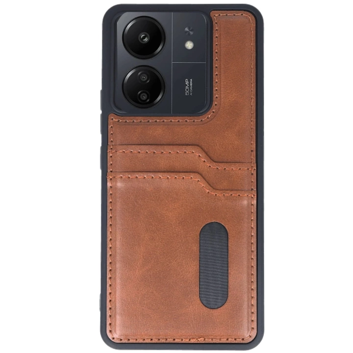 BFS  Xiaomi Redmi 13C Kılıf Sara Kartvizitli Deri Kılıf - Taba