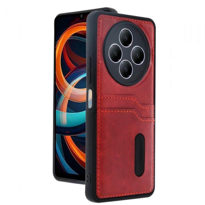 BFS  Xiaomi Redmi 14C Kılıf Sara Kartvizitli Deri Kılıf - Kırmızı