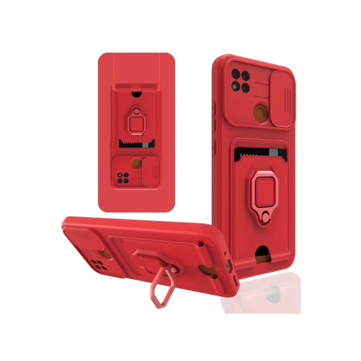 BFS  Xiaomi Redmi 9C Kılıf Zuma Kartvizitli Yüzüklü Silikon - Kırmızı