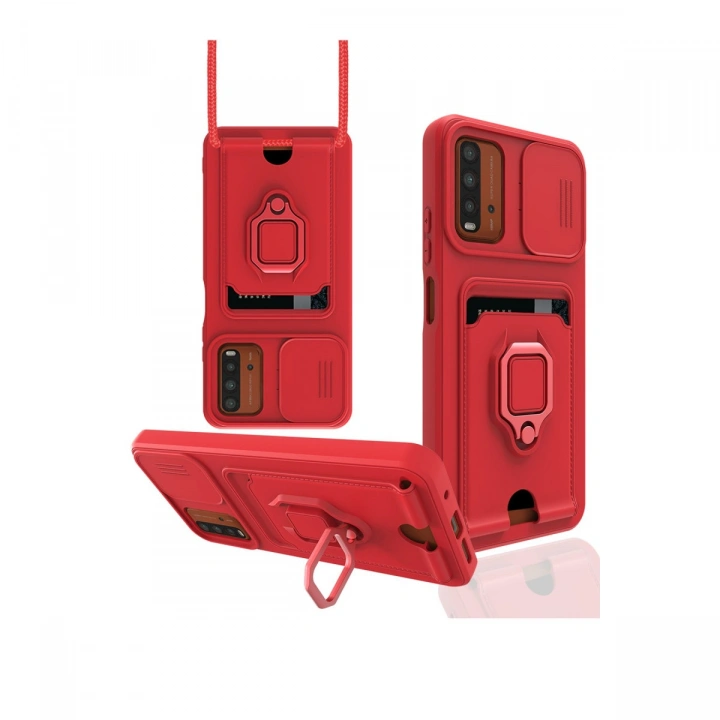 BFS  Xiaomi Redmi 9T Kılıf Zuma Kartvizitli Yüzüklü Silikon - Kırmızı