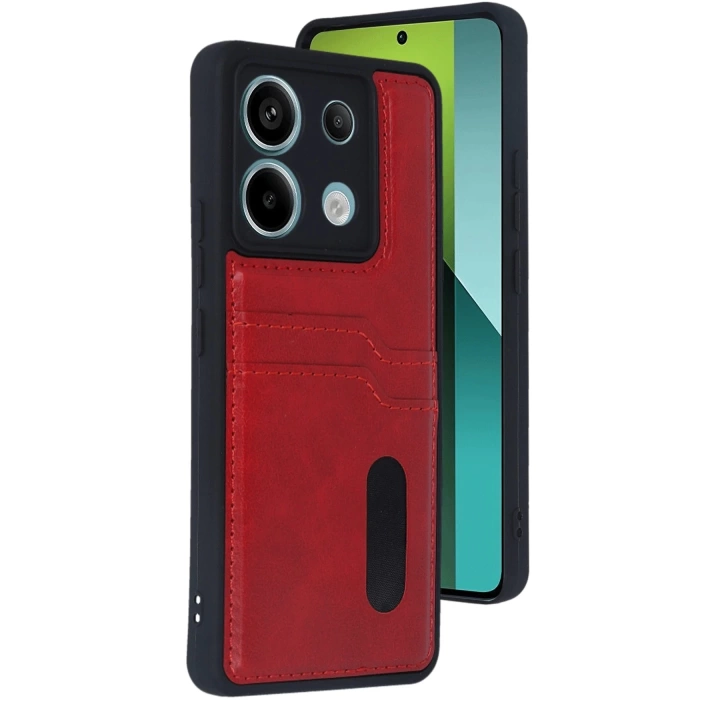 BFS  Xiaomi Redmi Note 13 Pro 4G Kılıf Sara Kartvizitli Deri Kılıf - Kırmızı