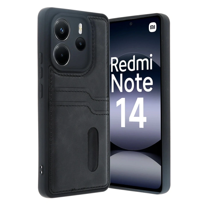 BFS  Xiaomi Redmi Note 14 4G Kılıf Sara Kartvizitli Deri Kılıf - Siyah