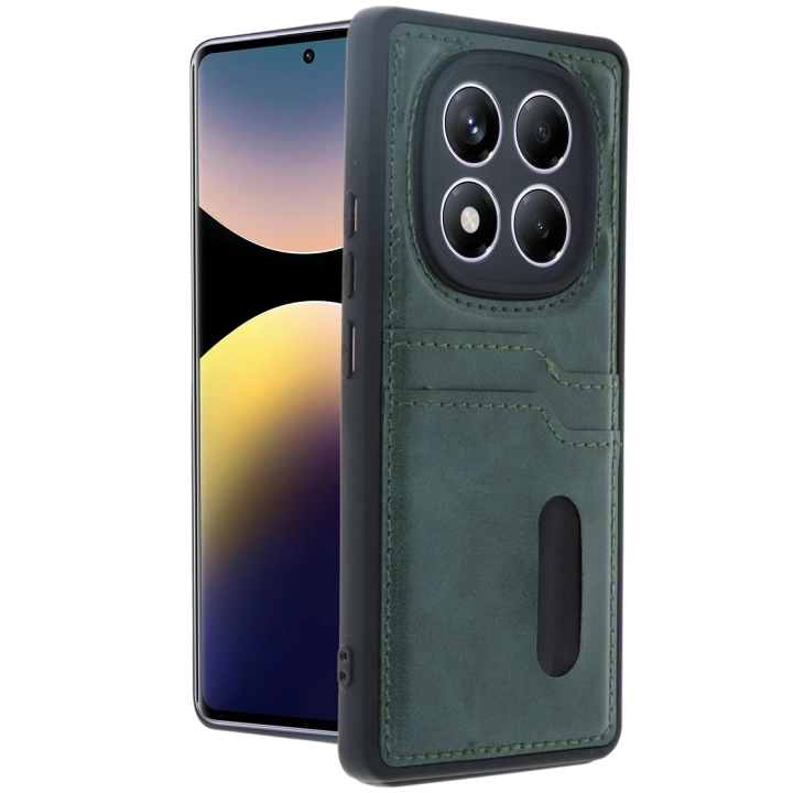 BFS  Xiaomi Redmi Note 14 Pro 5G Kılıf Sara Kartvizitli Deri Kılıf - Koyu Yeşil