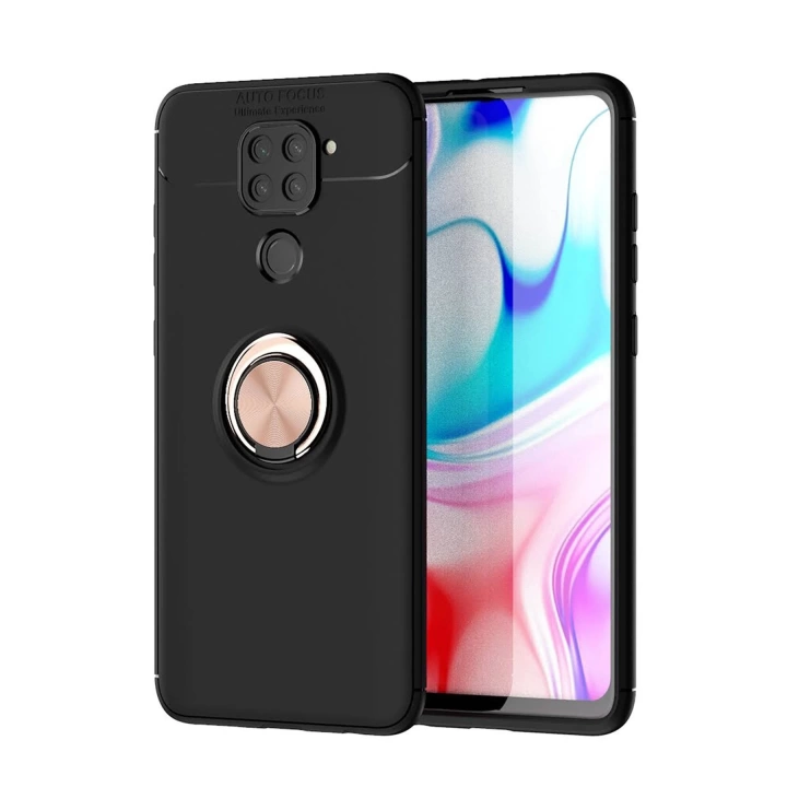 BFS  Xiaomi Redmi Note 9 Kılıf Range Yüzüklü Silikon - Siyah-Gold