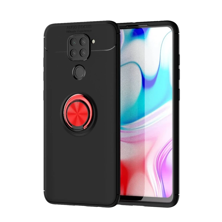 BFS  Xiaomi Redmi Note 9 Kılıf Range Yüzüklü Silikon - Siyah-Kırmızı