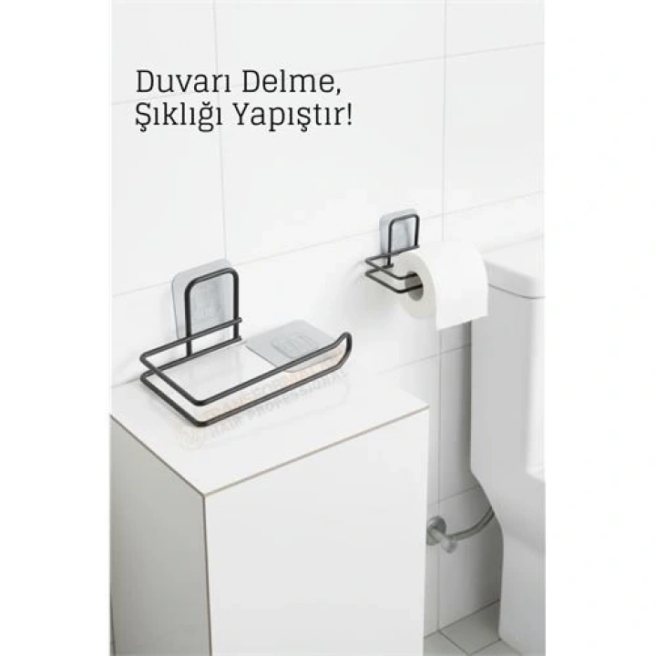 BFS Yapışkanlı Tuvalet Kağıdı Tutucu – Siyah Metal 14 x 7,5 cm