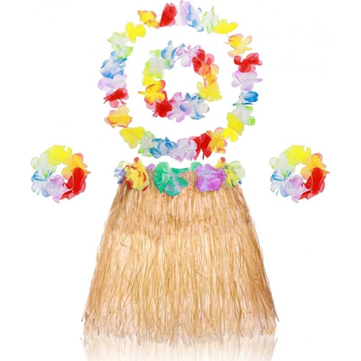 BFS   Yetişkin Çocuk Hawaii Parti Seti - 40 cm Naturel Etek + Çiçek Aksesuarlar (5 Parça)