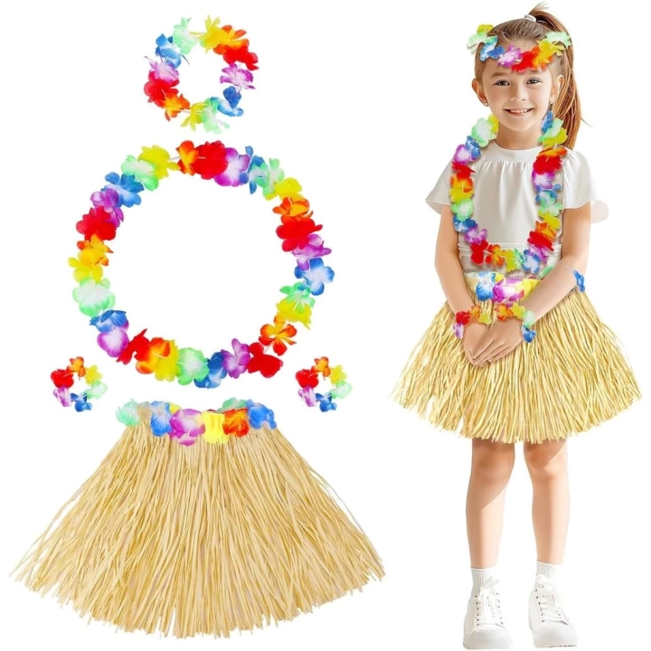 BFS   Yetişkin Çocuk Hawaii Parti Seti - 40 cm Naturel Etek + Çiçek Aksesuarlar (5 Parça)
